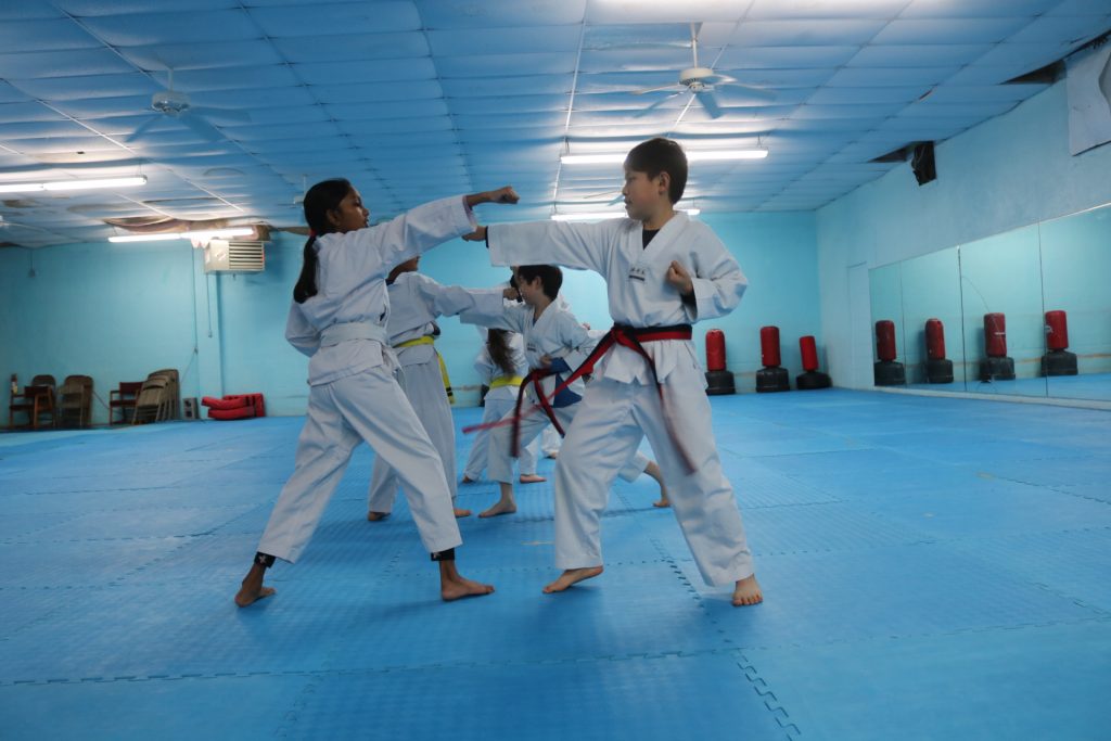 Students perform basic taekwondo techniques